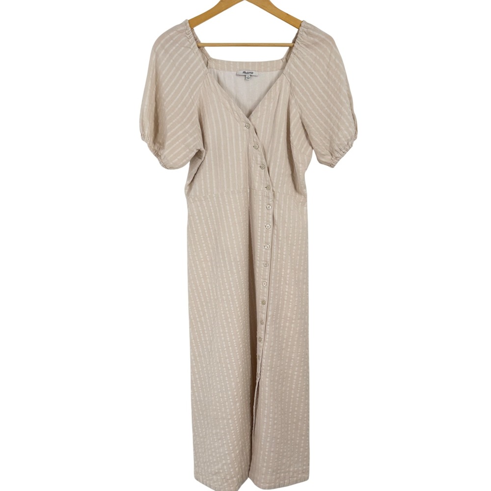 Madewell Striped Cotton Linen Puff Sleeve Midi Dress Cream NF936 Size 2